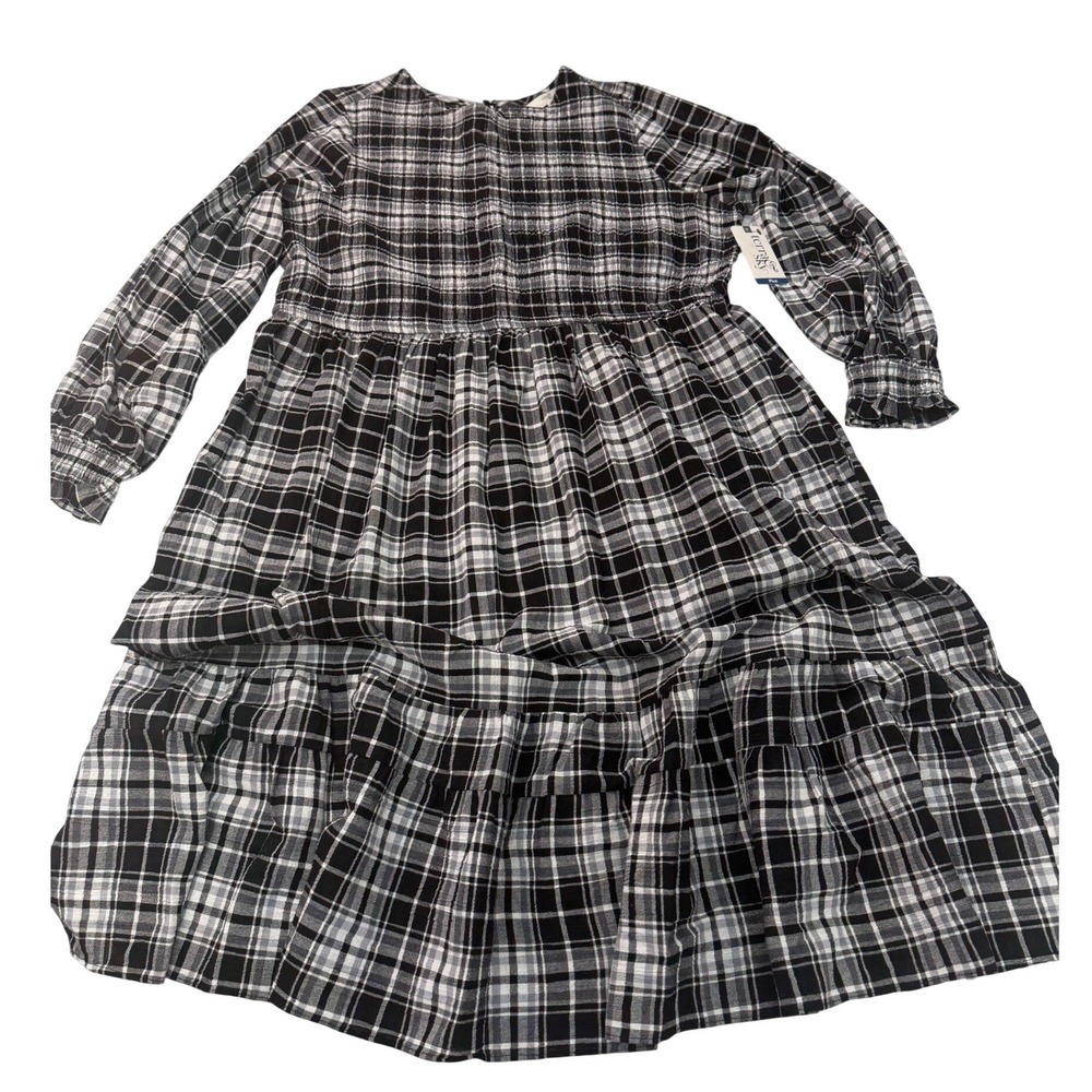Terra & Sky Maxi Dress Black White Plaid Smocked Tiered Long Sleeve 1X Women